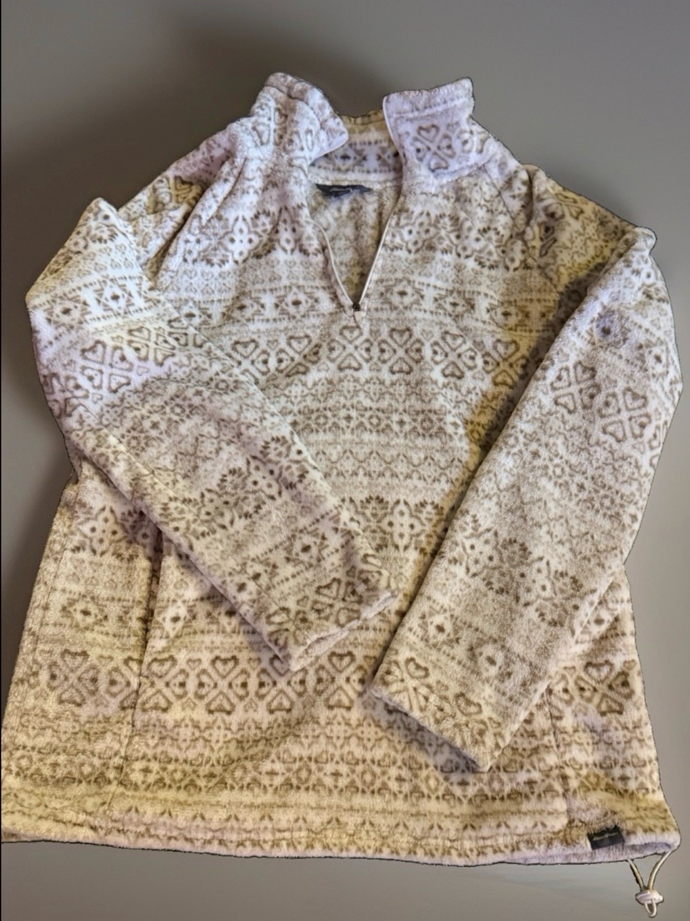 Eddie Bauer Womens Nordic Fair Isle Fleece Pullover 1/4 Zip Cream Tan Pattern XL